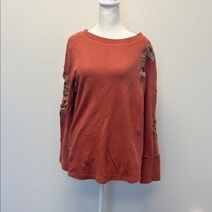 Caite Soft Surroundings Long Sleeve Shirt Terracotta Orange Embroidered Flower L